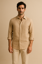 Man wearing the beige Portofino linen shirt, front