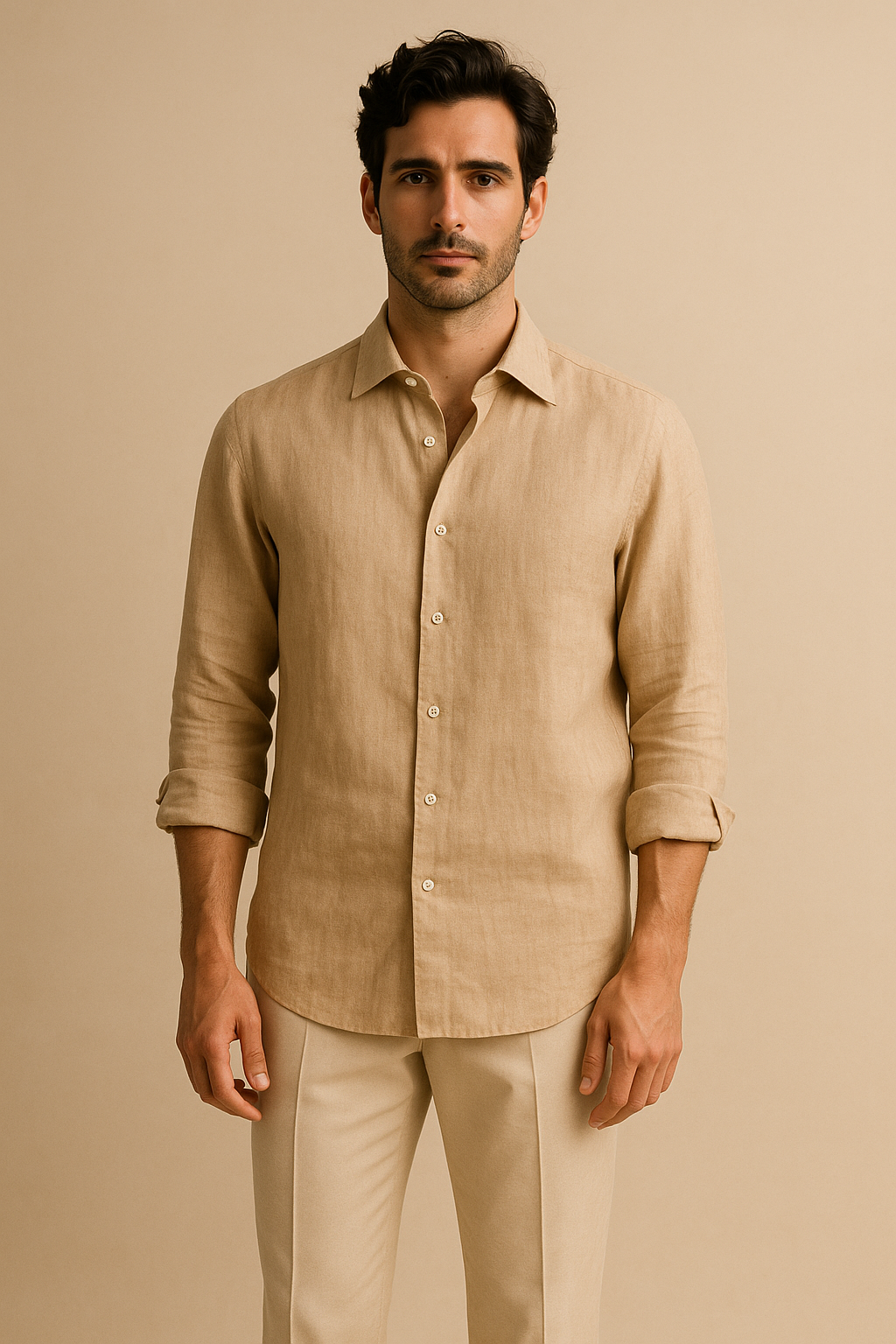 Man wearing the beige Portofino linen shirt, front